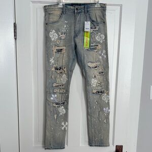 Trendy Distressed Smoke Rise Jeans with Floral‎ Details 34x32